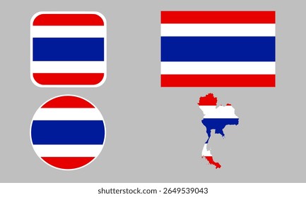 A set of Thailand flag icons. A set of flags in square, rectangular, round and map shapes. Flag icons.