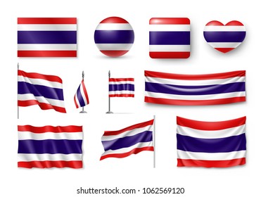 Set Thailand flags, banners, banners, symbols, flat icon. Vector illustration of collection of national symbols on various objects and state signs
