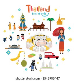 Set to Thailand. Landmarks and travel place, temple, grand palace. Vector illustration