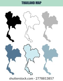 A set of Thailand map silhouettes presented in 6 distinct visual approaches. Ideal for travel brochures or geopolitical presentations.