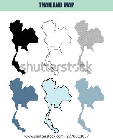 A set of Thailand map silhouettes presented in 6 distinct visual approaches. Ideal for travel brochures or geopolitical presentations.