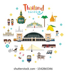 Set to Thailand No.1, Attraction, Landmarks, Transportation. Vector illustration