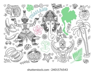 set of Thailand sketch doodle symbols vector illustration collection