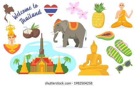 Set of Thailand symbols cartoon vector illustration. Thai elephant, Bangkok palace, Buddha statue, cocktails, fruits, princess, yogi. Travel, tourism, vacation, holidays concept for banner design