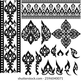 A set of Thai-style vector patterns featuring elegant floral motifs and traditional borders. Great for packaging design, wedding invitations, wall art, and premium product branding.