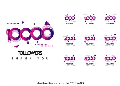 Set Thank You 1000 to 10000 Followers Celebration Illustration Template Design. Vector Eps 10