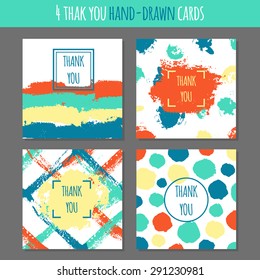 Set of thank you cards. Hand drawn backgrounds with ink brush strokes. Trendy colors and design. Vector illustration