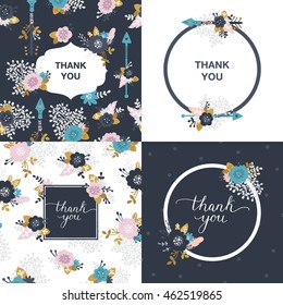 Set of Thank you cards with hand drawn lettering, flowers, branches, arrows and gold decorative elements. Boho frames