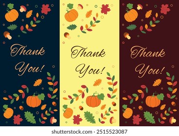 Set Thank you cards on autumn theme, colorful leaves, mushrooms, branches