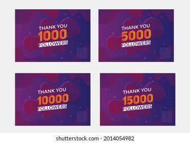 set of thank you followers colorful banner. Thank you followers Banners, 1000, 5000, 10000. 15000 followers, social midea banner