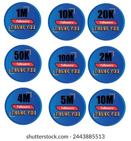 Set Of Thank You Followers Label theme with attractive color theme. 1 million, 10k, 20k, 50k, 100k followers. Vector greeting artwork isolated on a light yellow background. Vector EPS editable file