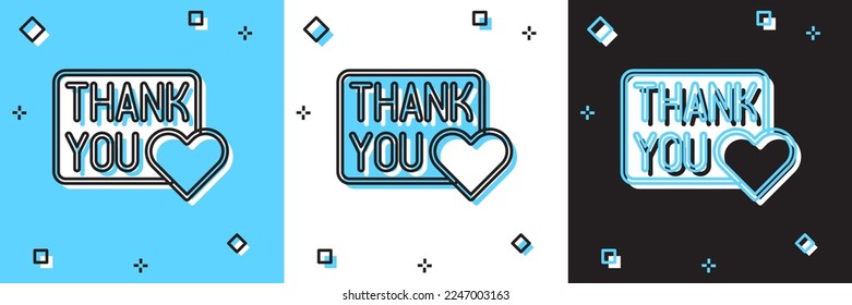 Set Thank you with heart icon isolated on blue and white, black background. Handwritten lettering.  Vector