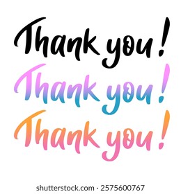 Set of Thank you lettering phrases. Black and gradient colors letters on white background. Brush hand written calligraphy style