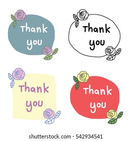 Set of thank you note with roses attached. Handwritten thank you card. vector illustration.