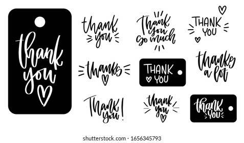 Set of thank you script vector calligraphy appreciation phrases for gift tags, shop and product decoration. Traditional gratitude and returning kindness saying collection with heart and burst clipart.