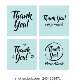 set of thank you text handwritten typography compliment cards with pastel green turquoise color background. vector illustration.