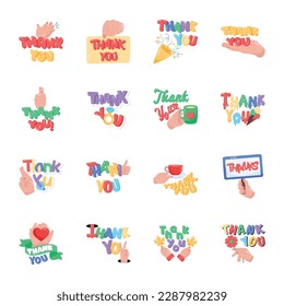 Set of Thank You Typography Flat Stickers 


