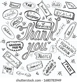 set of thank you words in different languages, vector illustration with hand written thank you word