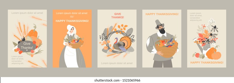 Set of thanksgiving banners with cute pilgrim characters and emblems from plants and vegetables and turkey. Cute vector images for design cards and flyers.