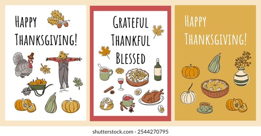 Set of thanksgiving banners with doodle pumpkins, food and traditional elements with seasonal holiday greeting. Three vector hand drawn vertical compositions