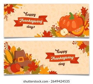 Set of thanksgiving banners with hand drawn pumpkin, pilgrim hat, apple, corn and colorful autumn leaves. Seasonal greeting card, invitation, website header or horizontal flyer. Vector illustration.