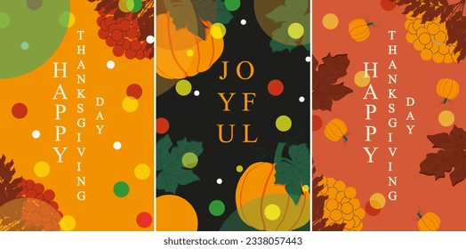 Juego de portada de la tarjeta de Acción de Gracias en estilo moderno. Afiche de las vacaciones de otoño de 2024 con calabaza, rowan y hojas. Banner de Acción de Gracias al estilo minimalista para el sitio web. Arte vector. 