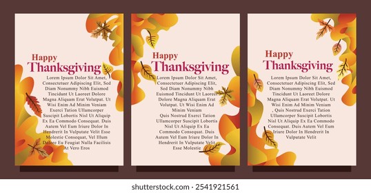 Set of Thanksgiving Card Templates with Autumn Leaves and Abstract Liquid Art. print size set of thansgiving card template concept. liquid abstract background with autumn leaves vector illustration