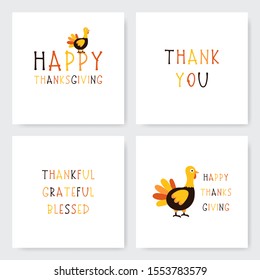 Set of Thanksgiving cards. Cute turkey icon with creative typographic text. Childish cartoon illustrations.