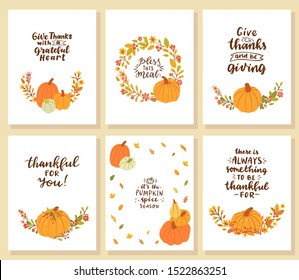 Set of  thanksgiving cards. Give thanks with grateful heart. bless this meal. Thankful for you. It's the pumpkin spice season. There is always something to be thankful for.