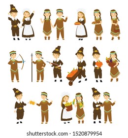 Set Of Thanksgiving Cartoon Characters. Thanksgiving Pilgrims And Natives Couple Character Cartoon Vector