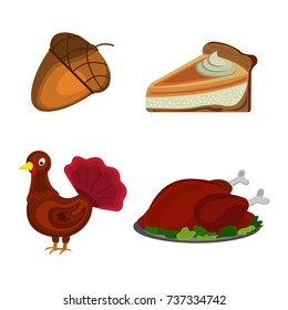 Set of Thanksgiving Day: Acorn, Turkey, Pumpkin pie icon. Cartoon style. Vector Illustration.