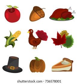 Set of Thanksgiving Day: Apple, Acorn, Turkey, Corn, Hat, Pumpkin pie, Leaf icon. Cartoon style. Vector Illustration.