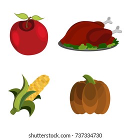 Set of Thanksgiving Day: Apple, Turkey, Corn, Pumpkin icon. Cartoon style. Vector Illustration.