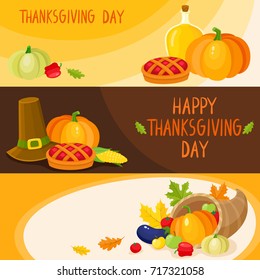 Set of thanksgiving day banner templates with symbols of the holiday - pumpkin pie, fruits and vegetables, cartoon vector illustration. Set of cartoon style thanksgiving day greeting banner templates