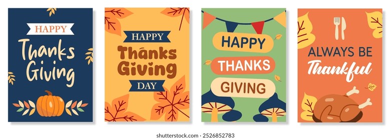 Set of Thanksgiving day in cartoon design templates with autumn leaves and food. Good for poster, card, invitation, flyer, cover, banner, placard, brochure and social media post. Vector illustration.