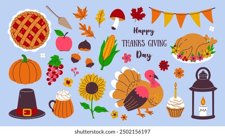 Set of Thanksgiving Day celebration items. Vector graphics.