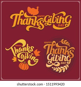 Set of Thanksgiving Day emblems, labels and design elements for greeting cards. Vintage style.