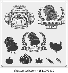Set of Thanksgiving Day emblems, labels and design elements for greeting cards. Vintage style.