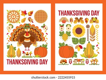 Set of thanksgiving day geometric posters with turkey in hat, pumpkin, sunflower, corn, mushrooms, apple pie, fruits and leaves. Background, banner, flyer, invitation for promotions, advertising.
