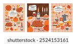 Set Thanksgiving day greeting card. Harvest festive elements, family dinner or lunch. Hand drawn template design. Vector flat illustration for holiday print, poster, banner, ads, cover.