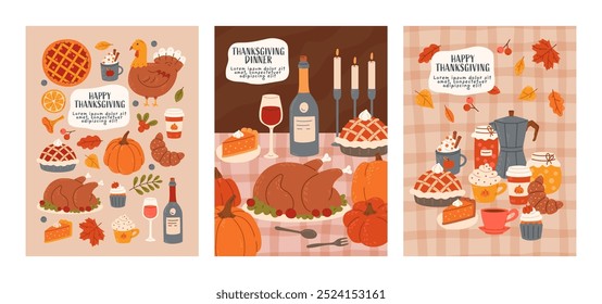 Set Thanksgiving day greeting card. Harvest festive elements, family dinner or lunch. Hand drawn template design. Vector flat illustration for holiday print, poster, banner, ads, cover.