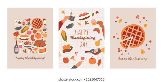 Set Thanksgiving Tag Grußkarte. Ernte festliche Elemente, saisonale Speisen und Getränke, Herbstferien. Handgezeichnetes Vorlagendesign. Flache Vektorgrafik für Druck, Poster, Banner, Anzeigen, Cover.