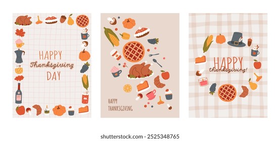 Establecer la tarjeta de felicitación del día de Acción de Gracias. Cosecha de Elementos festivos, comida y bebidas de temporada, cena familiar. Diseño de Plantilla dibujado a mano. Ilustración plana de Vector para imprimir, póster, Anuncio, anuncios, portada.