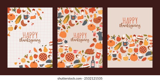 Establecer la tarjeta de felicitación del día de Acción de Gracias. Cosecha de Elementos festivos, comida y bebidas de temporada, vacaciones de otoño. Diseño de Plantilla dibujado a mano. Ilustración plana de Vector para imprimir, póster, Anuncio, anuncios, portada.