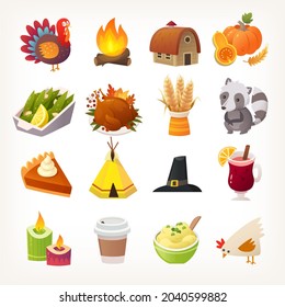 Set of Thanksgiving day icons and images. Animals, food nature and houses. Isolated vector illustrations