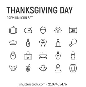 Set of thanksgiving day line icons. Premium pack of signs in trendy style. Pixel perfect objects for UI, apps and web. 