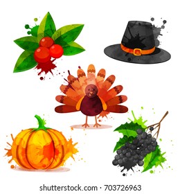Set of Thanksgiving Day objects as berry, pilgrim hat, turkey bird, pumpkin and grapes.