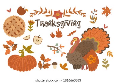 Set of Thanksgiving Day objects isolated on white background. Vector graphics.