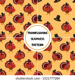 Set of Thanksgiving Day seamless patterns with cute cartoon turkeys. Holiday backgrounds for greeting card, gift box, wallpaper, fabric, web design.