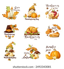 Set of Thanksgiving Day stickers. Freehand drawing, isolate on a white background. Vector